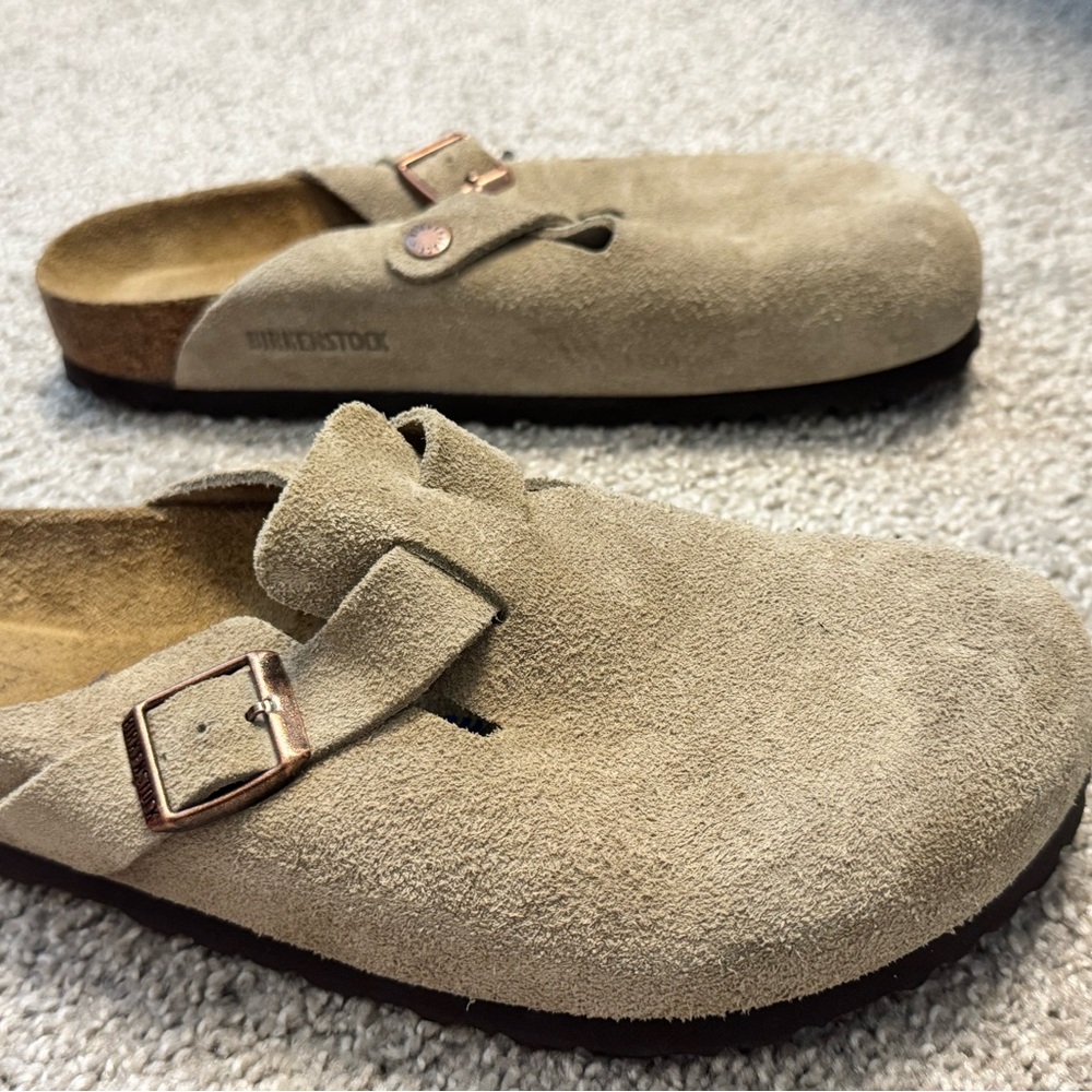 Birkenstock Taupe Suede Clogs with Metallic Buckle